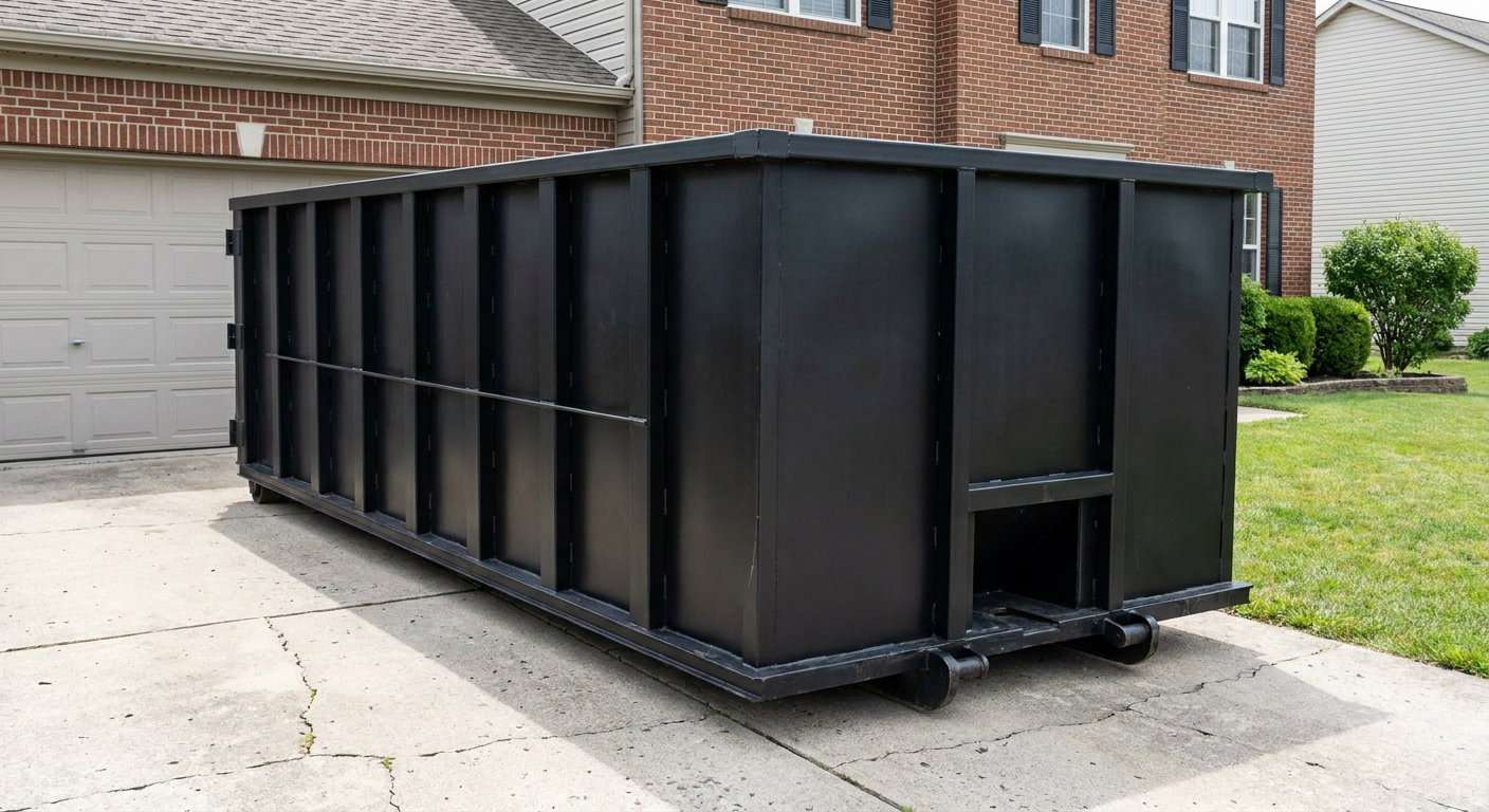 Matte-black 20-yard roll-off container on a Freeport residential concrete driveway with reinforced ribbed steel sidewalls and a hinged rear walk-in door, clean bright daylight.