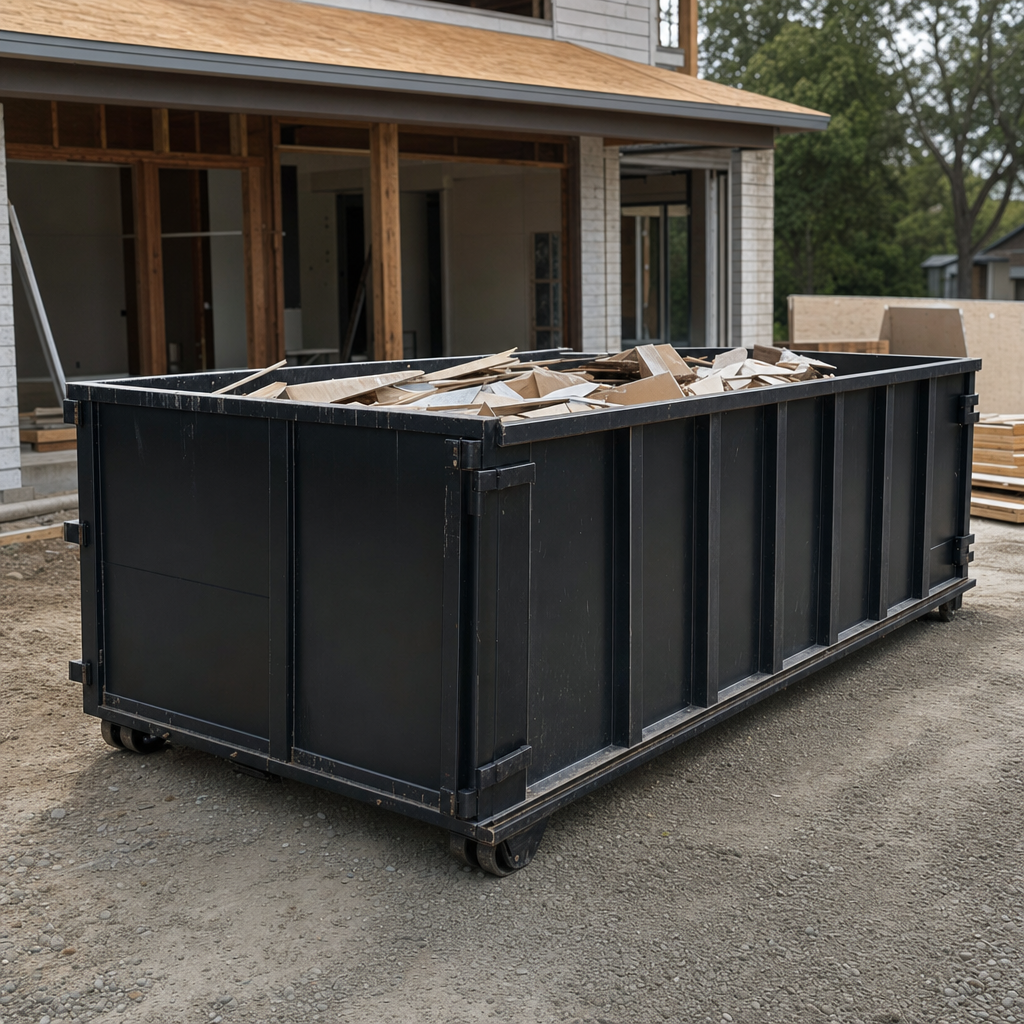 Large matte-black 30-yard construction roll-off dumpster at an active Freeport jobsite, steel-gray top rails and bottom rollers visible, loaded with construction debris.