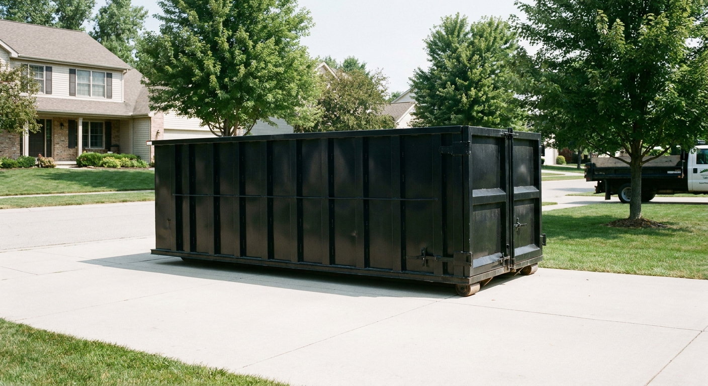 Matte-black 20-yard roll-off dumpster sitting level on a clean Freeport residential concrete driveway under bright daylight, demonstrating clean placement directly on the concrete.