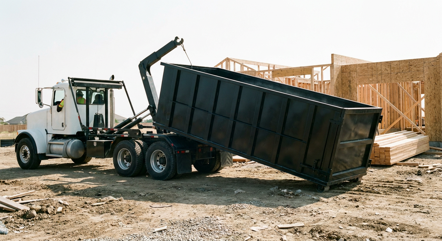 Matte-black roll-off dumpster being delivered onto a clean residential concrete driveway in Freeport by an unmarked white hooklift hauler truck, bright morning daylight, documentary 35mm perspective.